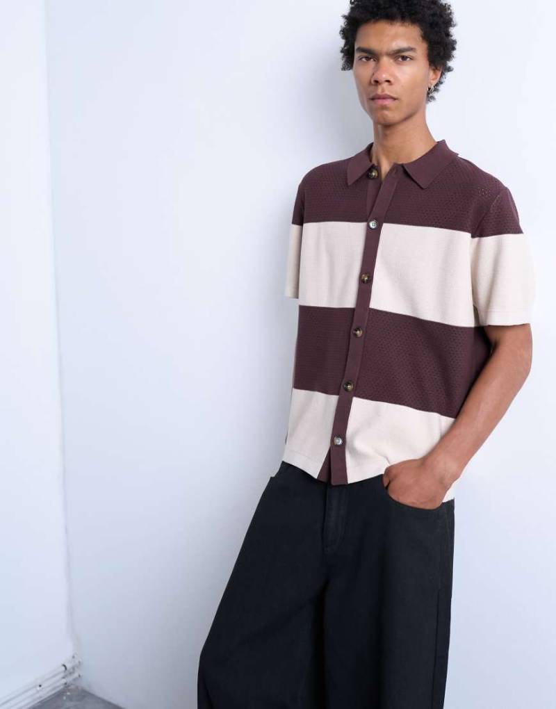 Topman - Weitmaschiges Hemd in Steinbeige und Ecru mit Print im Blockfarbendesign-Neutral von Topman