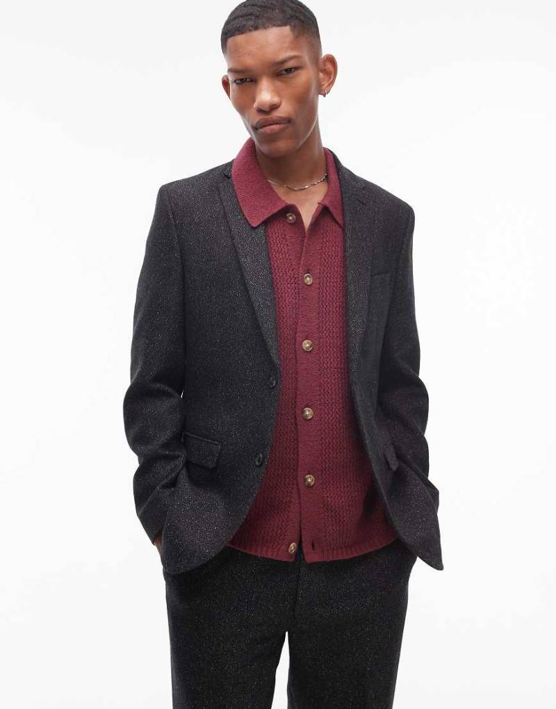 Topman - Wollmix-Anzugjacke in meliertem Schwarz mit schmalem Schnitt von Topman
