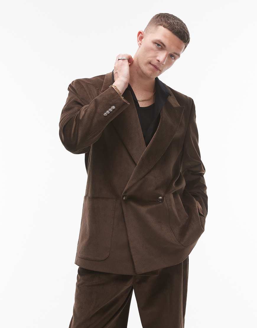 Topman - Zweireihige Cord-Anzugjacke in Braun mit Oversize-Schnitt von Topman