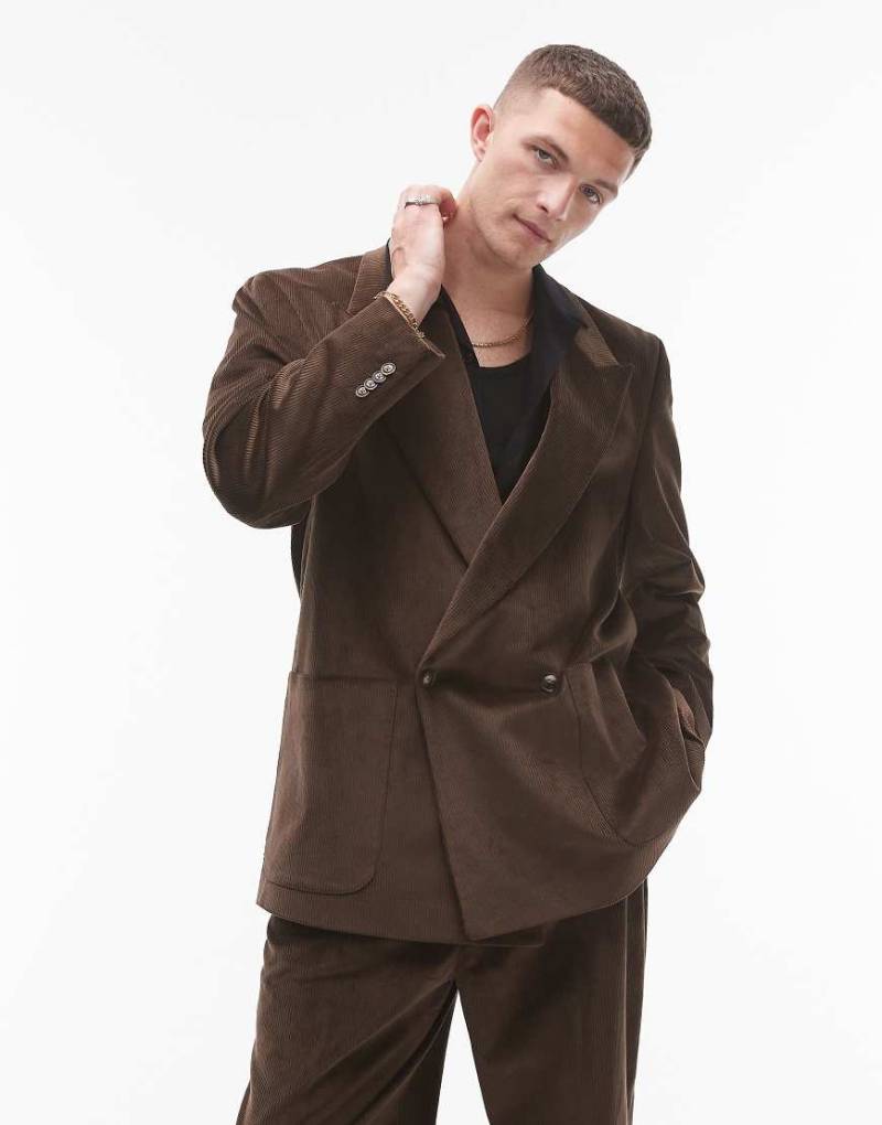 Topman - Zweireihige Cord-Anzugjacke in Braun mit Oversize-Schnitt von Topman