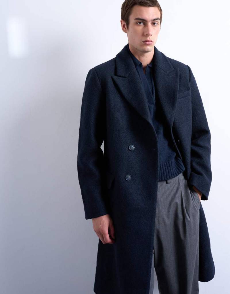 Topman - Zweireihiger Mantel aus strukturiertem Wollmix in Marineblau von Topman
