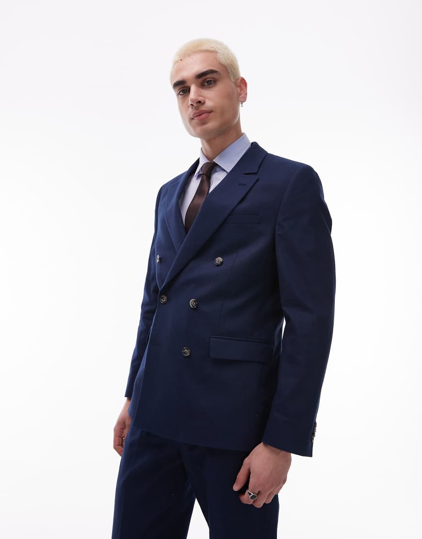 Topman - Zweireihiger Blazer aus Leinenmix in Marineblau von Topman