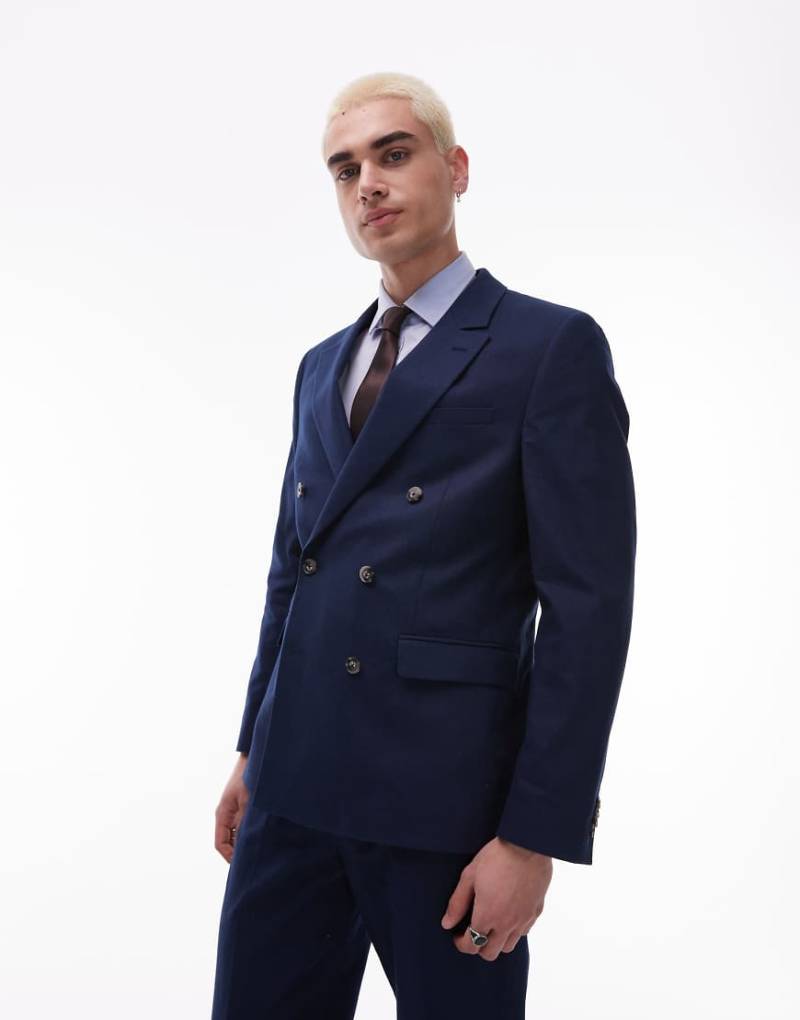 Topman - Zweireihiger Blazer aus Leinenmix in Marineblau von Topman