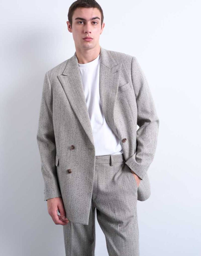 Topman - Zweireihiger Blazer in Steingrau mit Fischgrätmuster-Neutral von Topman