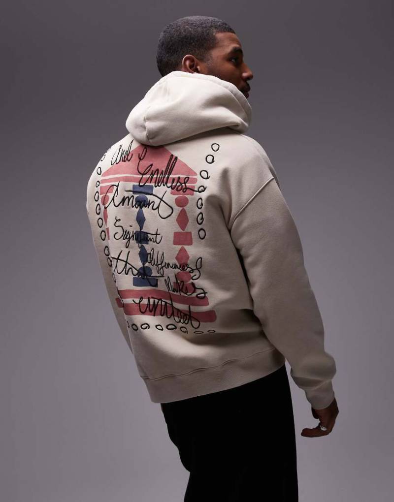 Topshop - Oversize-Kapuzenpullover in verwaschenem Steingrau mit Säulenprint auf Vorder- und Rückseite-Neutral von Topman