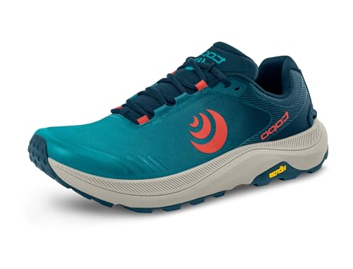 Topo Athletic MT-5 Herren-Laufschuhe – bequem, leicht, gepolstert, langlebig, 5 mm Fallschnürung, Trailrunning-Schuhe, blau / rot, 43 EU von Topo Athletic