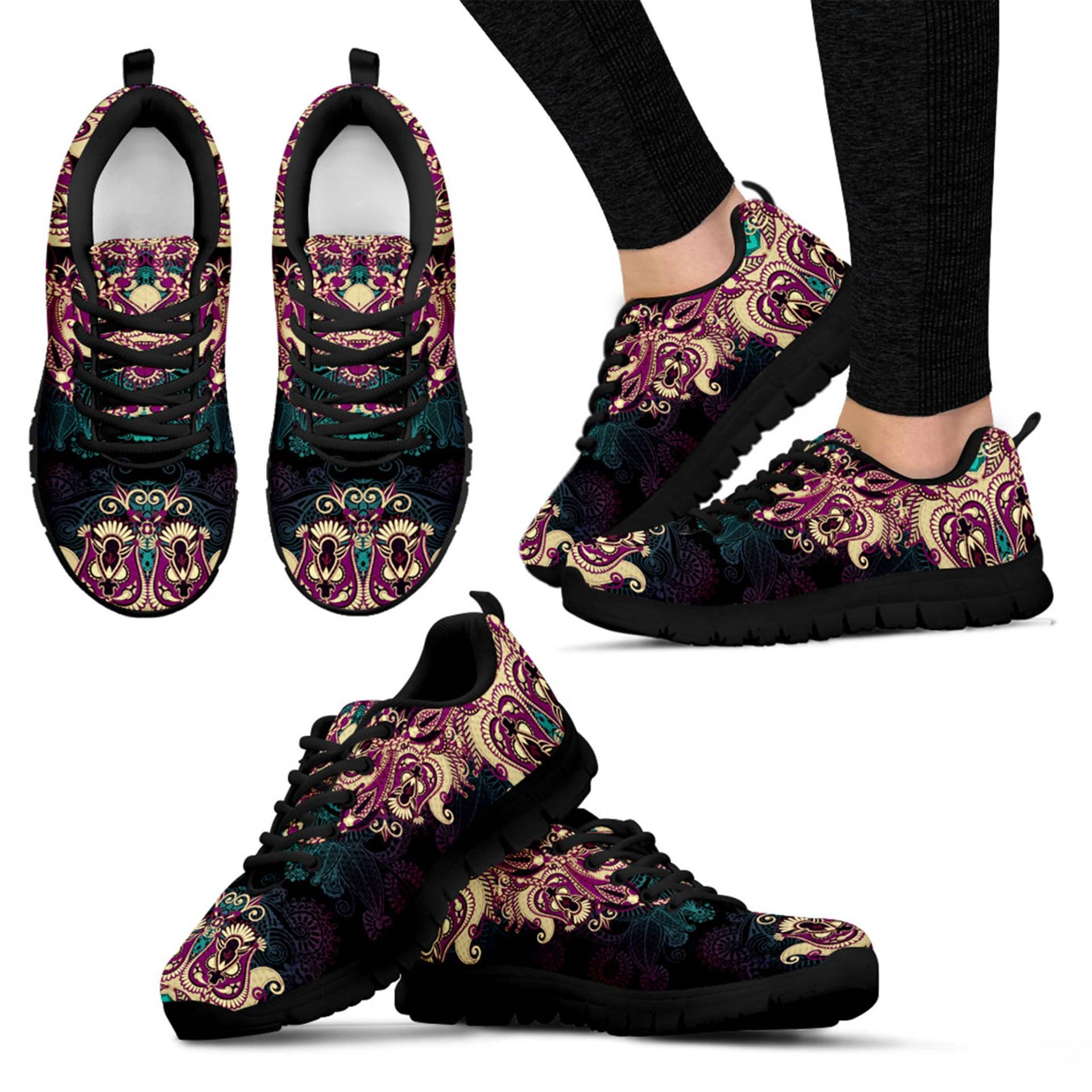 Damen Paisley Mandala Sneakers, Geburtstagsgeschenke Für Freundin, Black Tie Sneakers Cute Schuhe von TopsAndToes