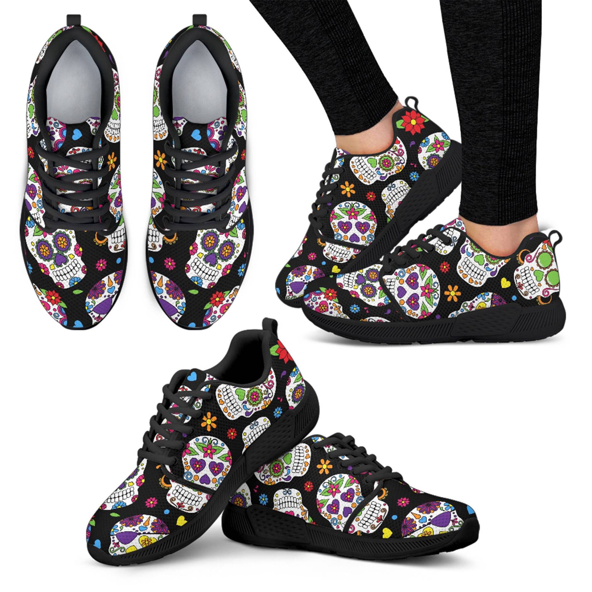 Damen Sugar Skull Athletic Sneakers, Muttertagsgeschenke Für Süße Schuhe, Schwarze Laufsneaker von TopsAndToes