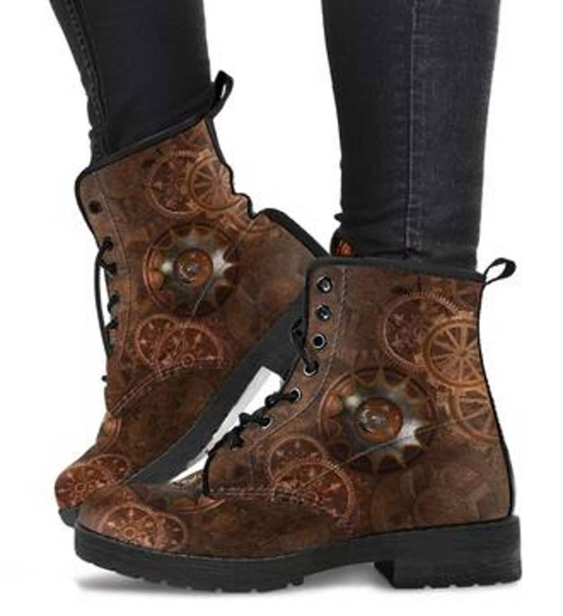 Ankle Boots Aus Veganem Leder Steampunk Zahnrad Print, Damen Stiefeletten von TopsAndToes