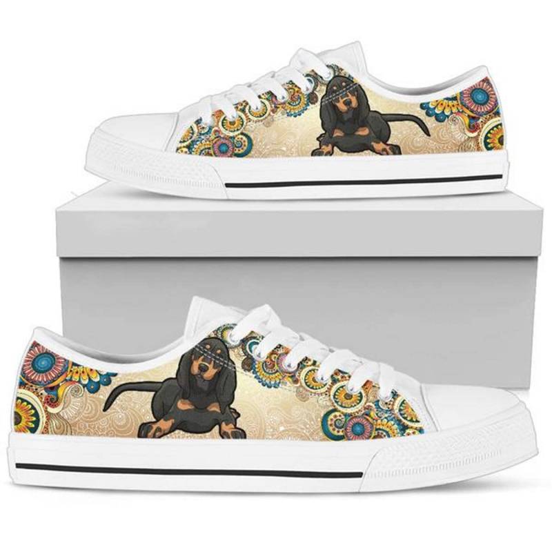 Coonhound Sneakers Schwarze Und Hellbraune Hundekunst, Damen Low Top Schuhe von TopsAndToes