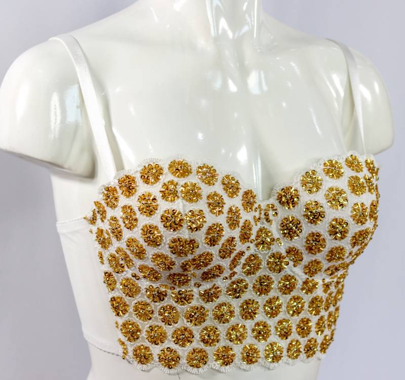 Halb Bustier Korsett Crop Top Long-Line Push Up Weißer Bh Mit Goldener Perle Im Blumenmuster von TopsWorld