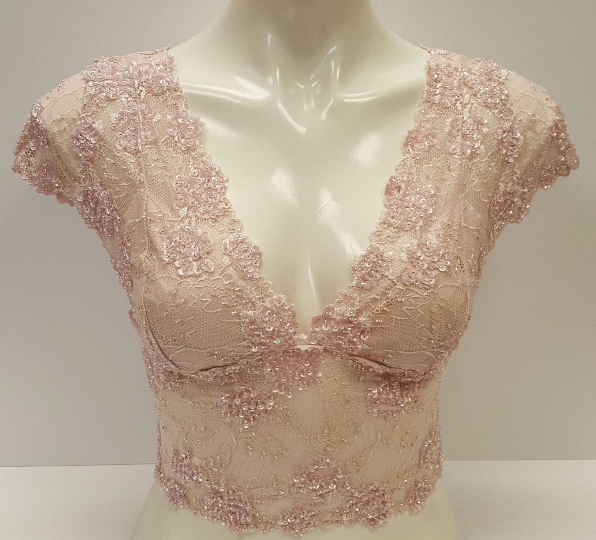 Lace Crop Top Cap Kurzärmeliges Shirt Bluse Cami in Pastell Rosa Farbe Mit Pailletten Verziert von TopsWorld