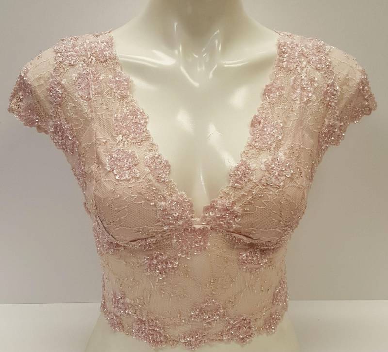 Lace Crop Top Cap Kurzärmeliges Shirt Bluse Cami in Pastell Rosa Farbe Mit Pailletten Verziert von TopsWorld