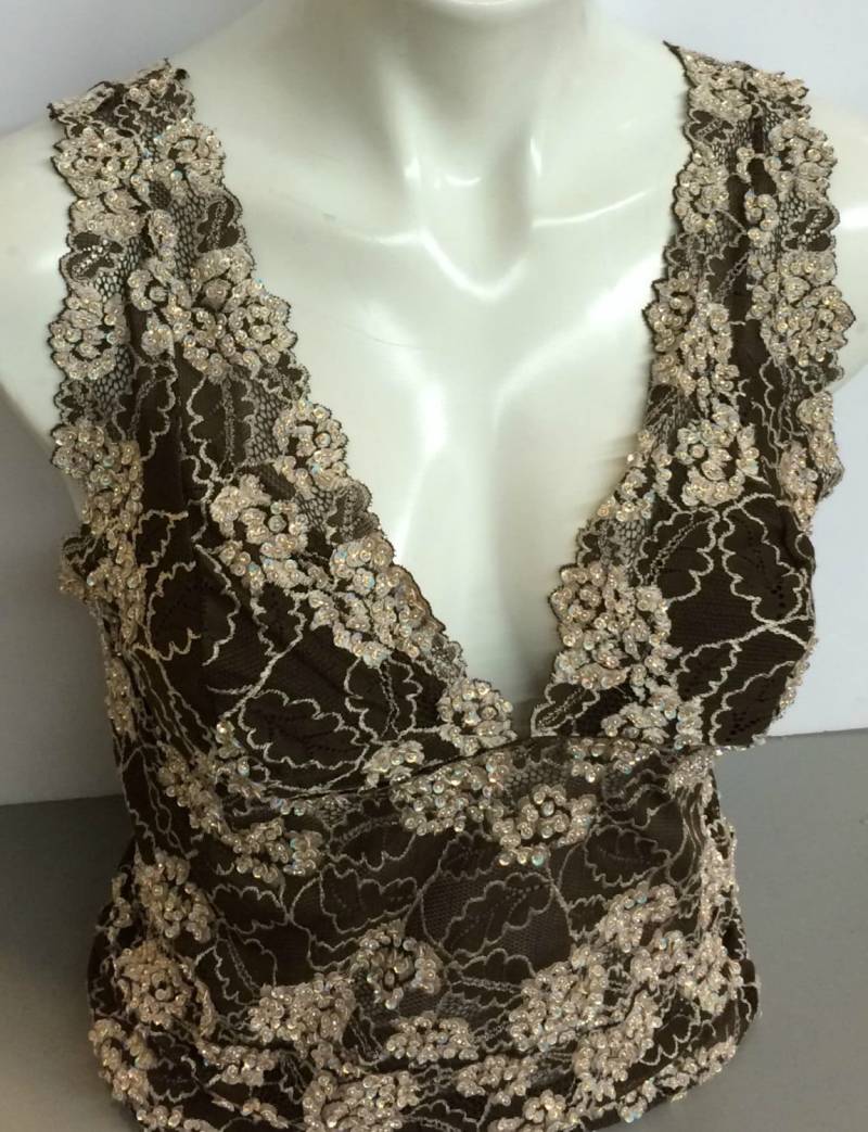 Lace Top Taille Länge Bluse in Beige Und Braun Farbkombination Hand Mit Pailletten Perlen Verziert von TopsWorld