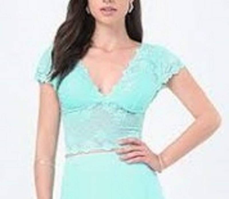 stretch Spitze Crop Top Cap Kurzärmelige Bluse in Helltürkis Aruba Blue Farbe von TopsWorld