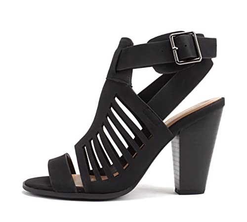 Topshoe Avenue Mayo ~ Gladiator Cutout Stacked Chunky High Heels Kleid Sandalen mit verstellbarem Knöchelriemen, Schwarz (Black Pu), 39 EU von Topshoe Avenue