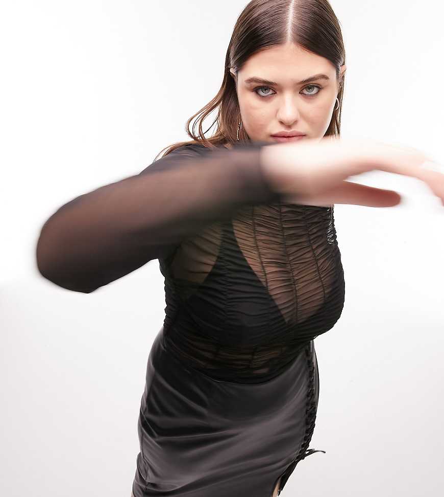 Topshop Curve - Langärmliges, gerafftes Oberteil aus strukturiertem Netzstoff in Schwarz mit Stehkragen-Grün von Topshop Curve