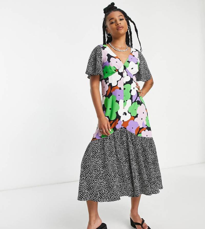 Topshop Petite - Buntes Midikleid mit auffälligem Mix-and-Match-Blumenmuster von Topshop Petite