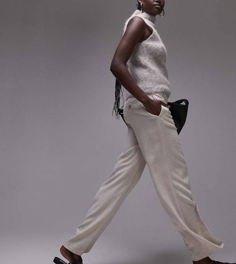 Topshop Tall - Tief sitzende Leinenhose in Natur mit Knopfleiste-Neutral von Topshop Tall