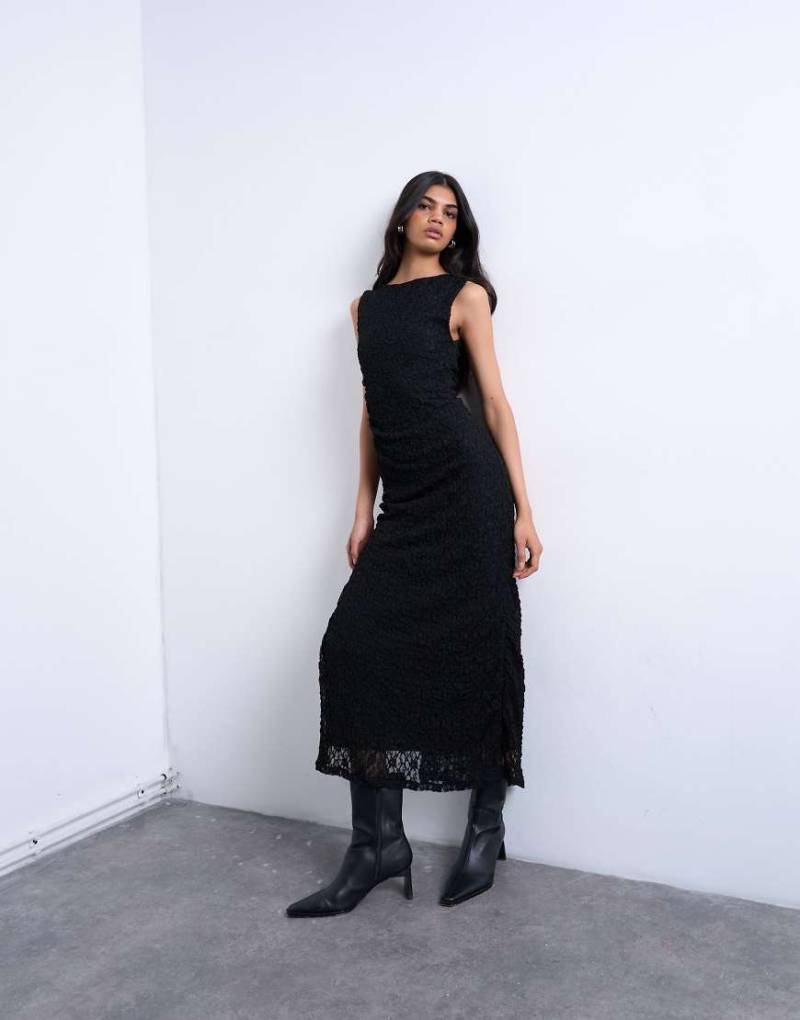 Topshop - Ärmelloses Maxikleid aus Spitze in Schwarz mit Seitenschlitz von Topshop