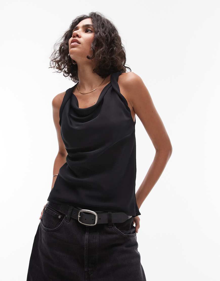 Topshop - Ärmelloses Oberteil in Schwarz mit verdrehtem Träger von Topshop