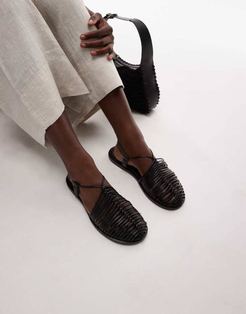 Topshop - Aidan - Flache Leder-Schnürschuhe in Schwarz mit Webstruktur von Topshop