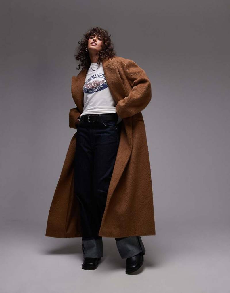 Topshop - Angerauter Longline-Mantel in Camel mit Druckknöpfen-Braun von Topshop