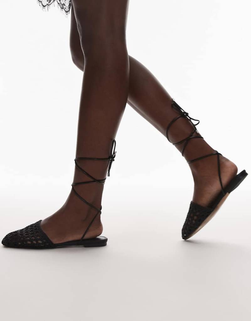 Topshop - Arri - Flache Schuhe in Schwarz mit Webstruktur und Schnürung von Topshop