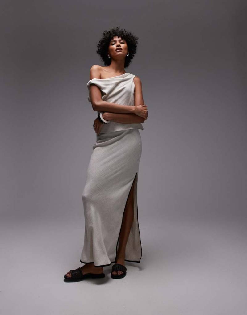 Topshop - Asymmetrisch geschnittener Maxirock aus Leinen in Natur mit Einfassung in Schwarz-Neutral von Topshop