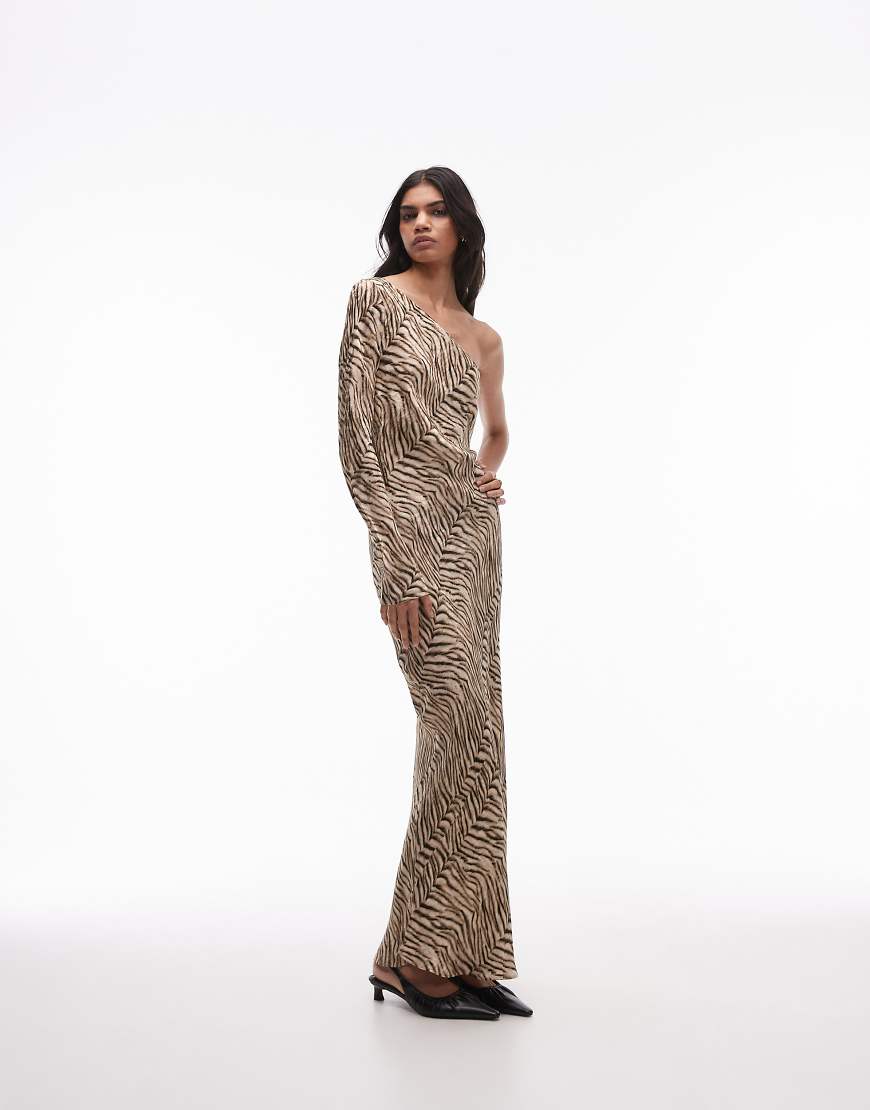 Topshop - Asymmetrisches Maxikleid mit Jacquard-Tigermuster und One-Shoulder-Träger-Braun von Topshop