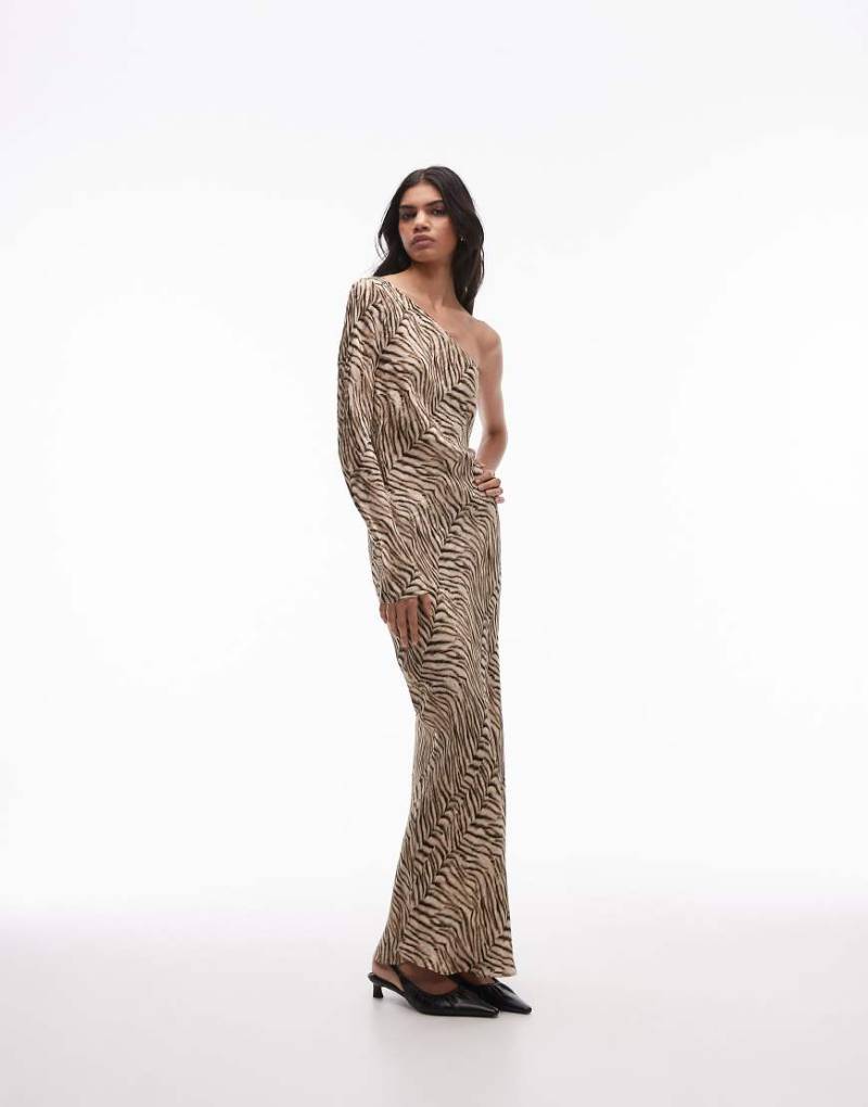 Topshop - Asymmetrisches Maxikleid mit Jacquard-Tigermuster und One-Shoulder-Träger-Braun von Topshop