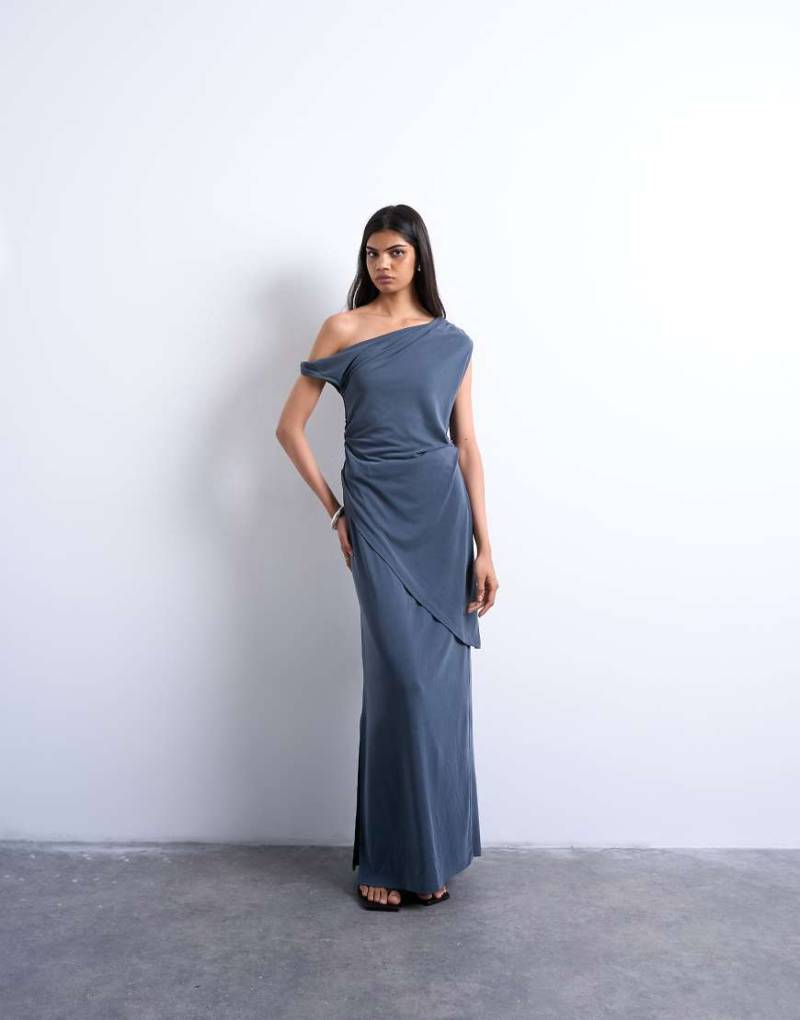 Topshop - Asymmetrisches Tunika-Oberteil aus Cupro in Anthrazitgrau mit Carmen-Ausschnitt und verdrehtem Detail-Marineblau Topshop - Asymmetrisches Tunika-Oberteil aus Cupro in Anthrazitgrau mit Carmen-Ausschnitt und verdrehtem Detail-Marineblau von Topshop