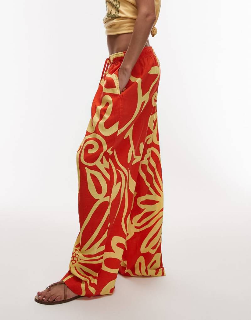 Topshop - Ballon-Hose aus Leinen in leuchtendem Orange mit abstraktem Blumenmuster-Bunt von Topshop
