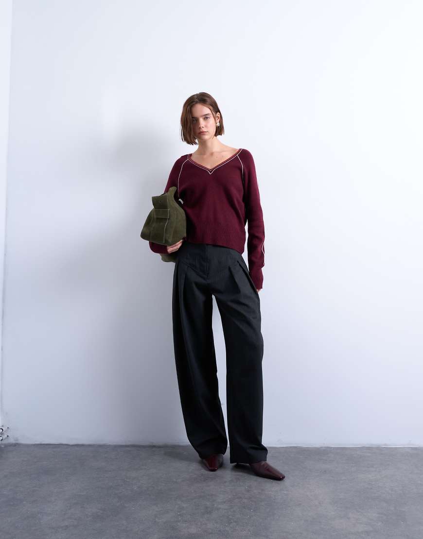 Topshop - Gestreifte Barrel-Leg-Hose in Grau mit Fischgrätmuster und tiefem Bund von Topshop