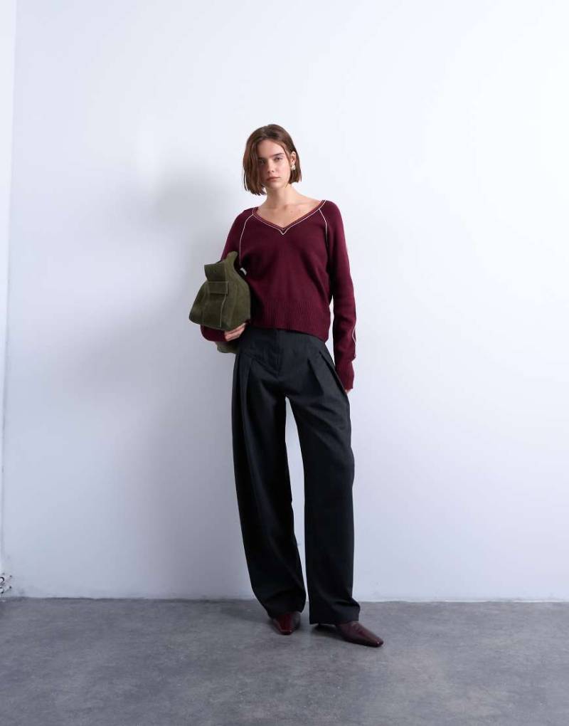 Topshop - Gestreifte Barrel-Leg-Hose in Grau mit Fischgrätmuster und tiefem Bund von Topshop