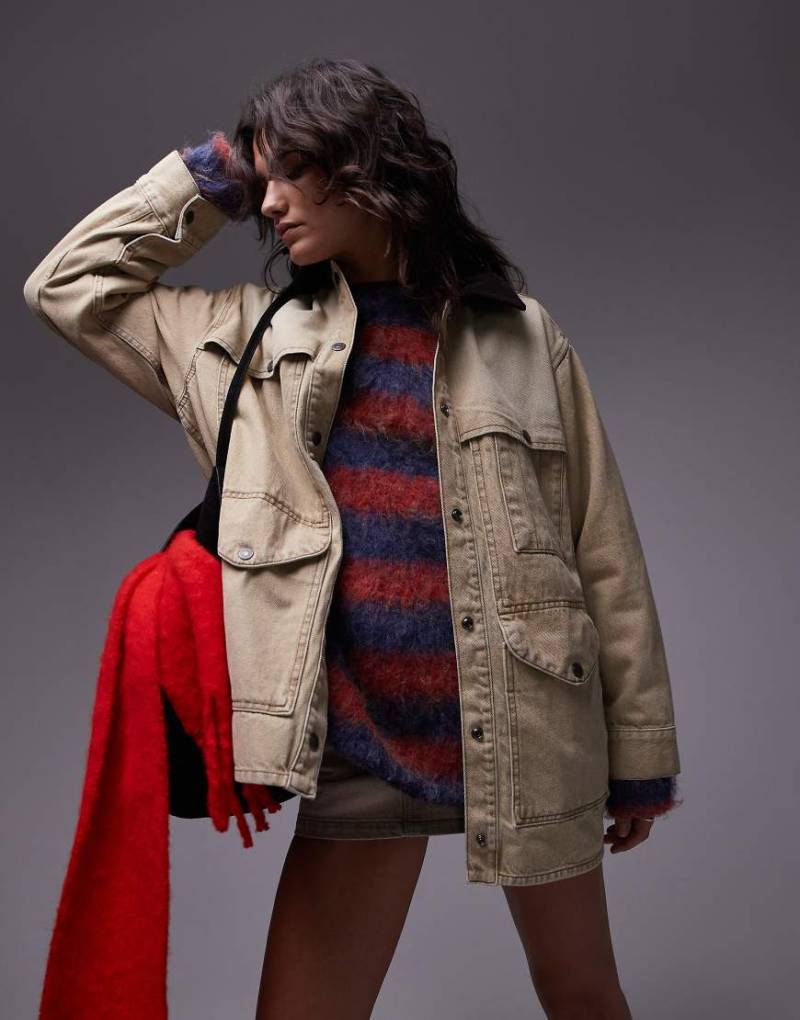 Topshop - Barn-Jacke in Beige aus Denim mit Cordkragen-Neutral von Topshop