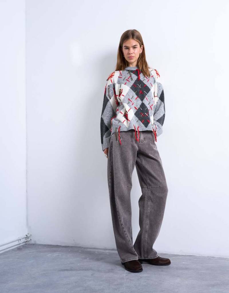 Topshop Barrel - Jeans in Ottergrau mit hohem Bund und Ziernaht-Brown von Topshop