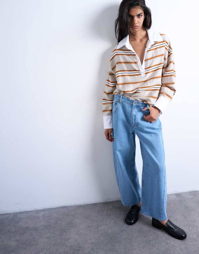 Topshop - Barrel-Leg-Jeans in Bleich-Waschung mit hohem Bund und seitlicher Streifenverzierung-Blau von Topshop