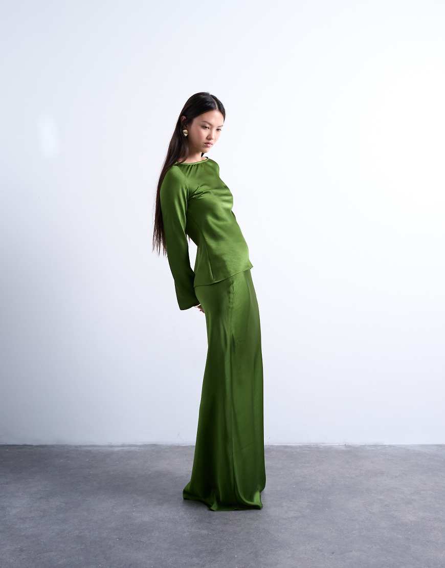 Topshop - Bodenlanger Maxirock in Grün mit Schrägschnitt von Topshop