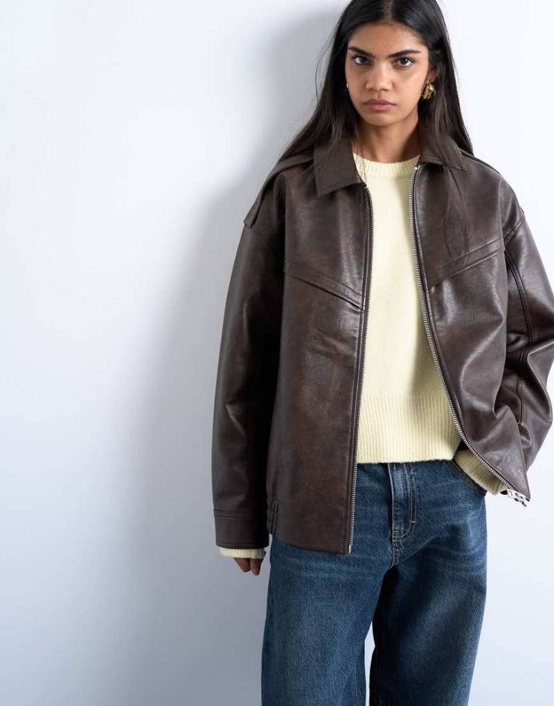 Topshop - Oversize-Bomberjacke aus Wildleder in verwaschener brauner Vintage-Waschung mit Reißverschluss und Ziernaht-Brown von Topshop