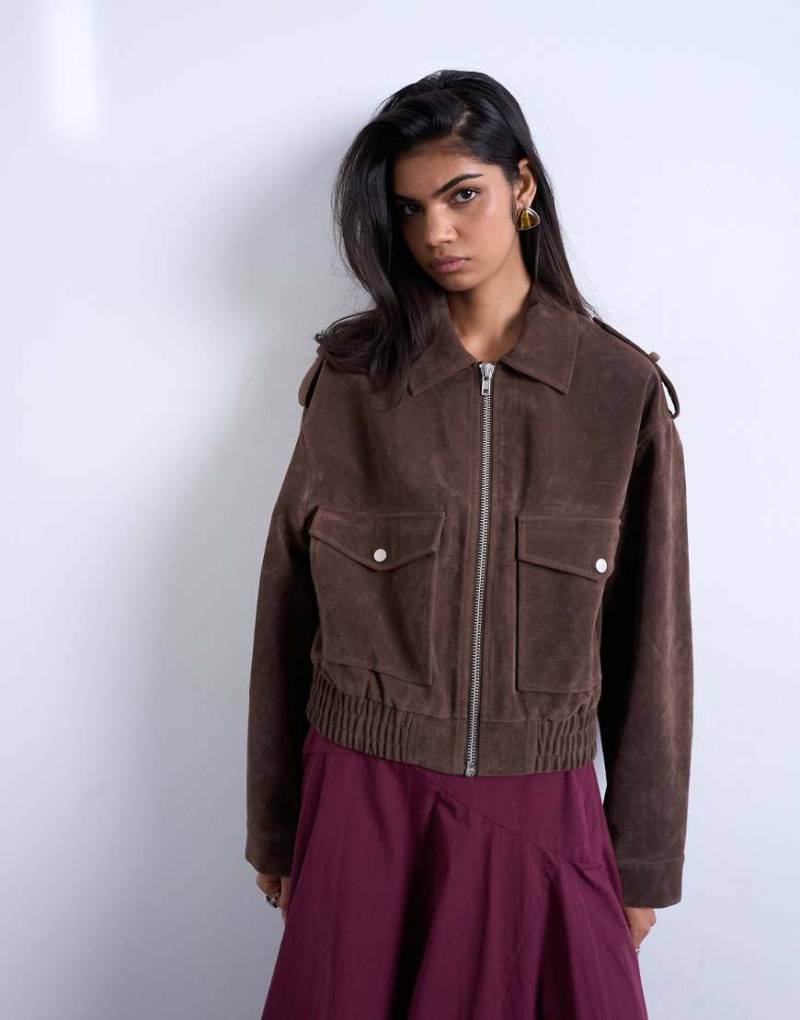 Topshop - Bomberjacke aus Wildlederimitat in Schokobraun mit Druckknöpfen-Brown Topshop - Bomberjacke aus Wildlederimitat in Schokobraun mit Druckknöpfen-Brown von Topshop