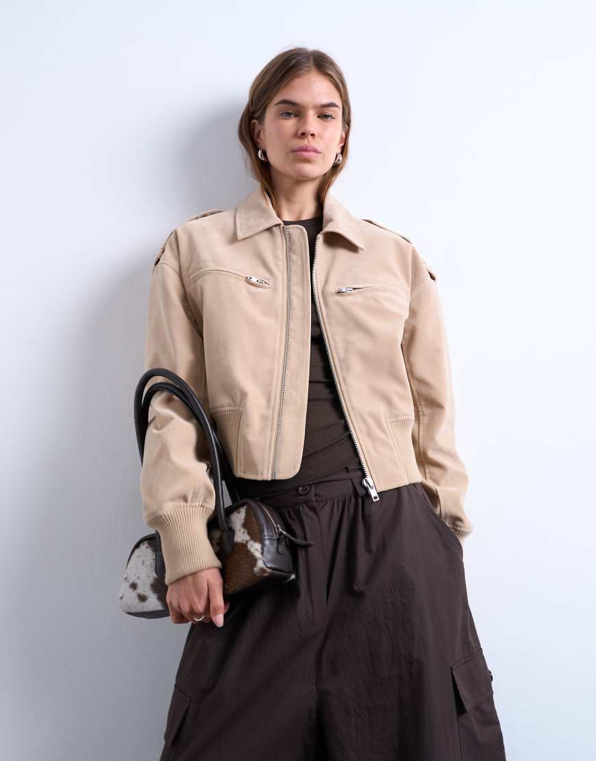 Topshop - Bomberjacke aus Wildlederimitat in Steinbeige mit ovalen Ärmeln-Neutral von Topshop