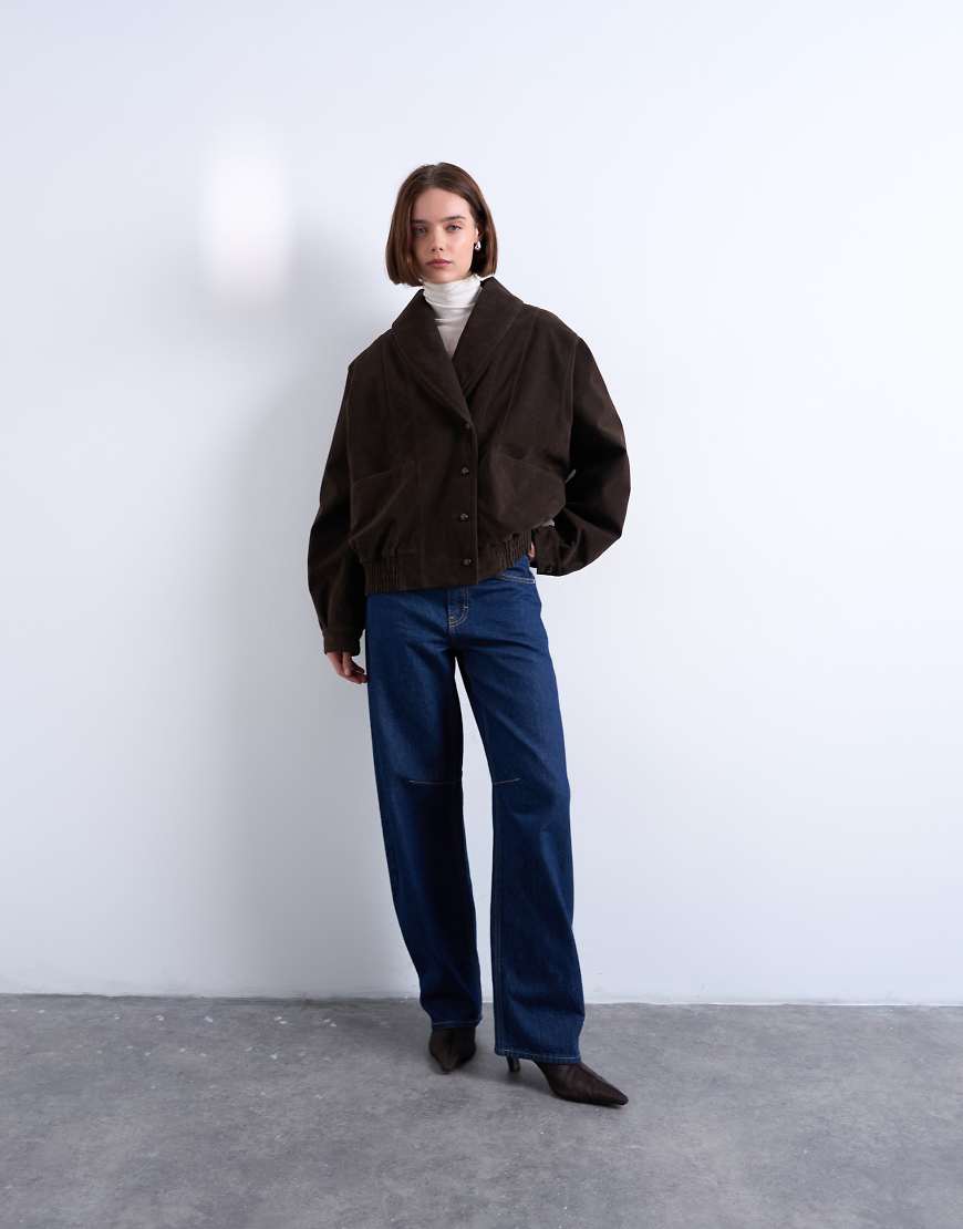 Topshop - Bomberjacke in Schokoladenbraun aus Wildlederimitat mit Schalkragen-Brown von Topshop