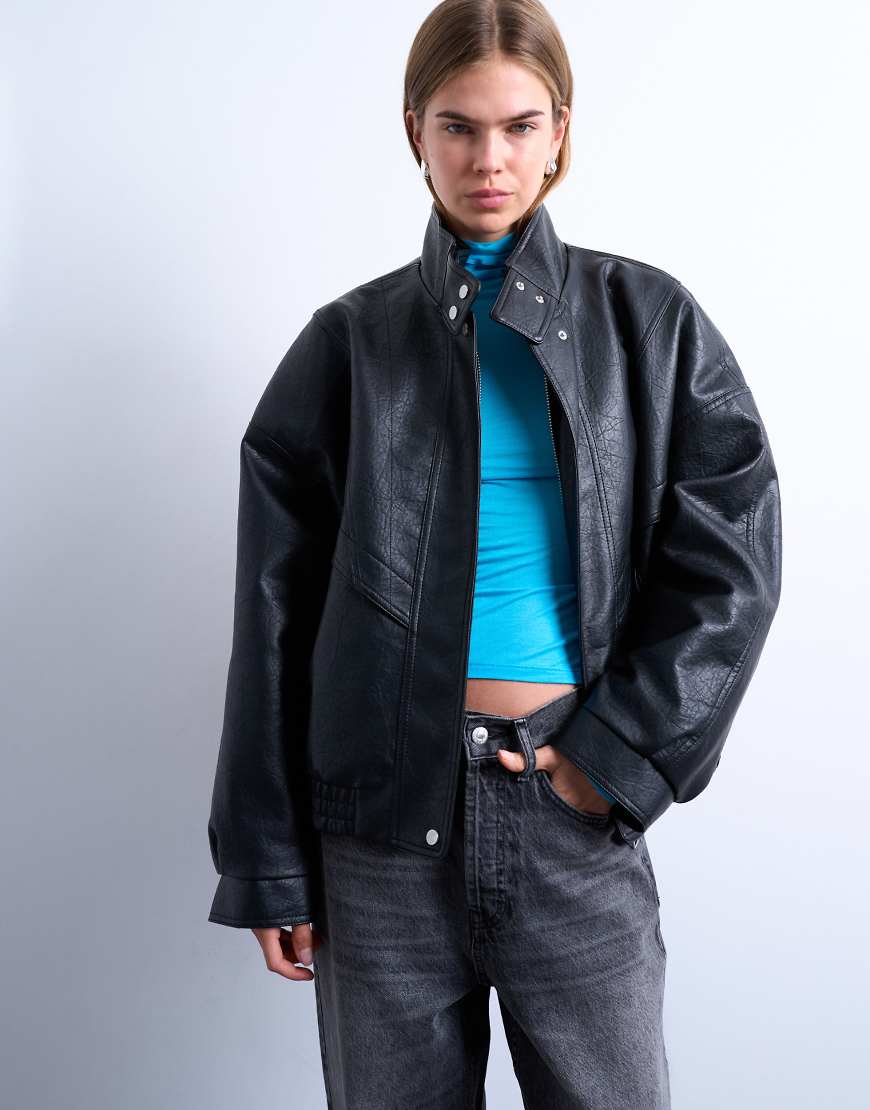 Topshop - Bomberjacke in Schwarz mit zwei Ziernähten auf der Vorderseite von Topshop