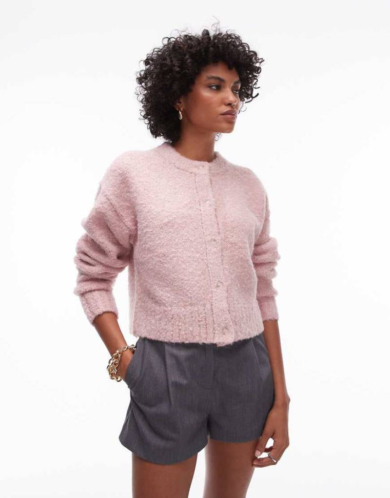 Topshop - Bouclé-Strickjacke in Rosa mit Rundhalsausschnitt-Rot von Topshop