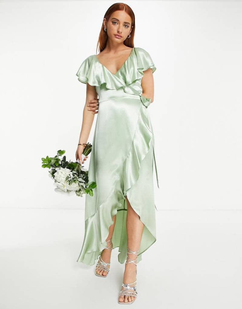 Topshop - Bridesmaid - Brautjungfern-Wickelkleid aus salbeigrünem Satin mit Rüschen von Topshop