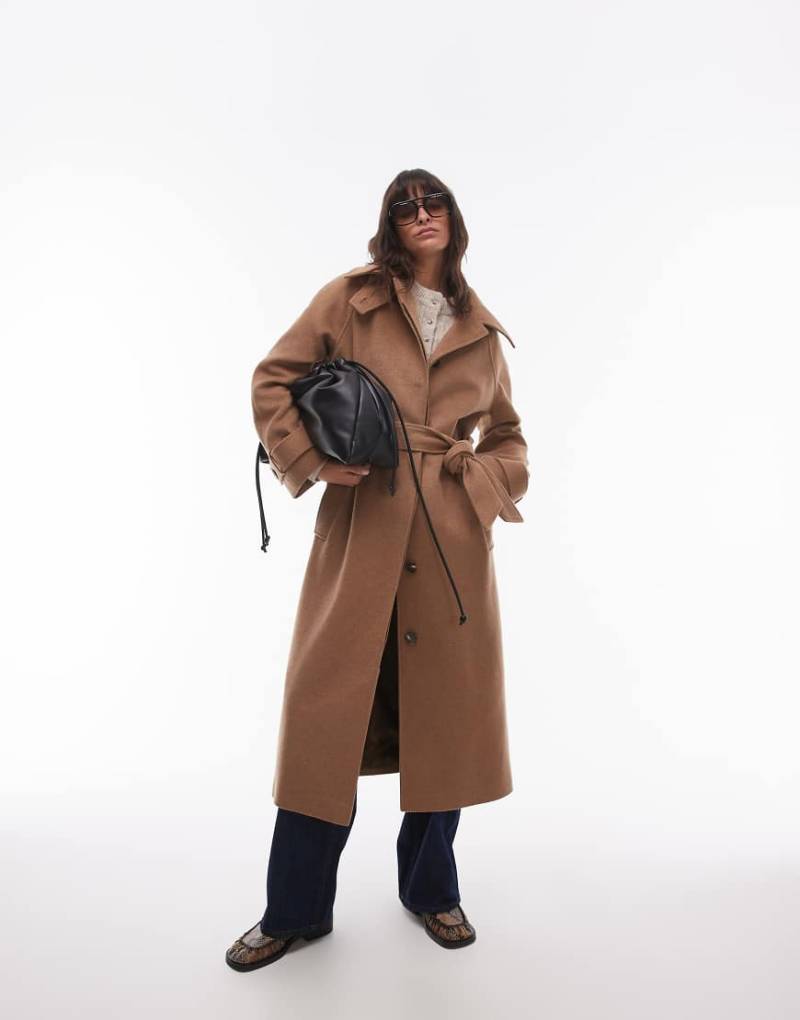Topshop - Car-Coat aus Twill in Kamelbraun mit Bindegürtel und Laschendetail-Neutral von Topshop
