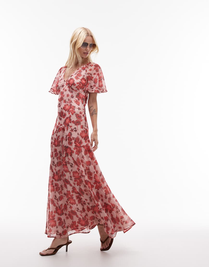 Topshop - Chiffon-Maxikleid mit Flatterärmeln und Blumenmuster-Bunt von Topshop