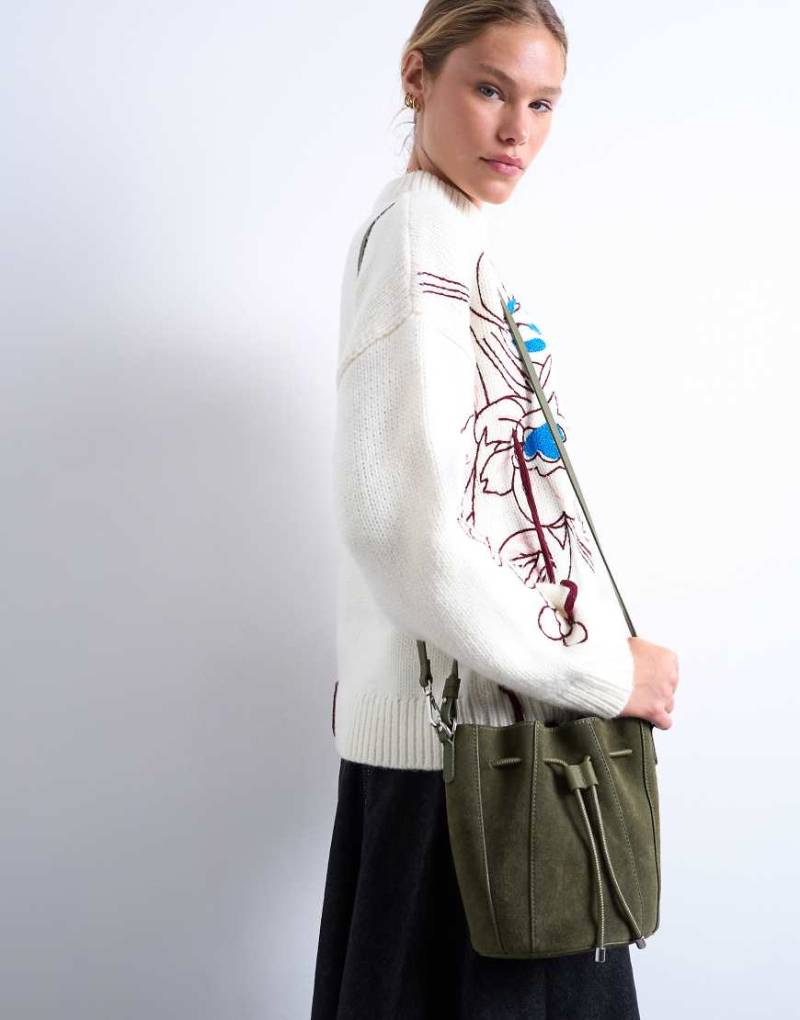 Topshop - Colette - Beuteltasche aus echtem Wildleder in Khaki-Grün von Topshop