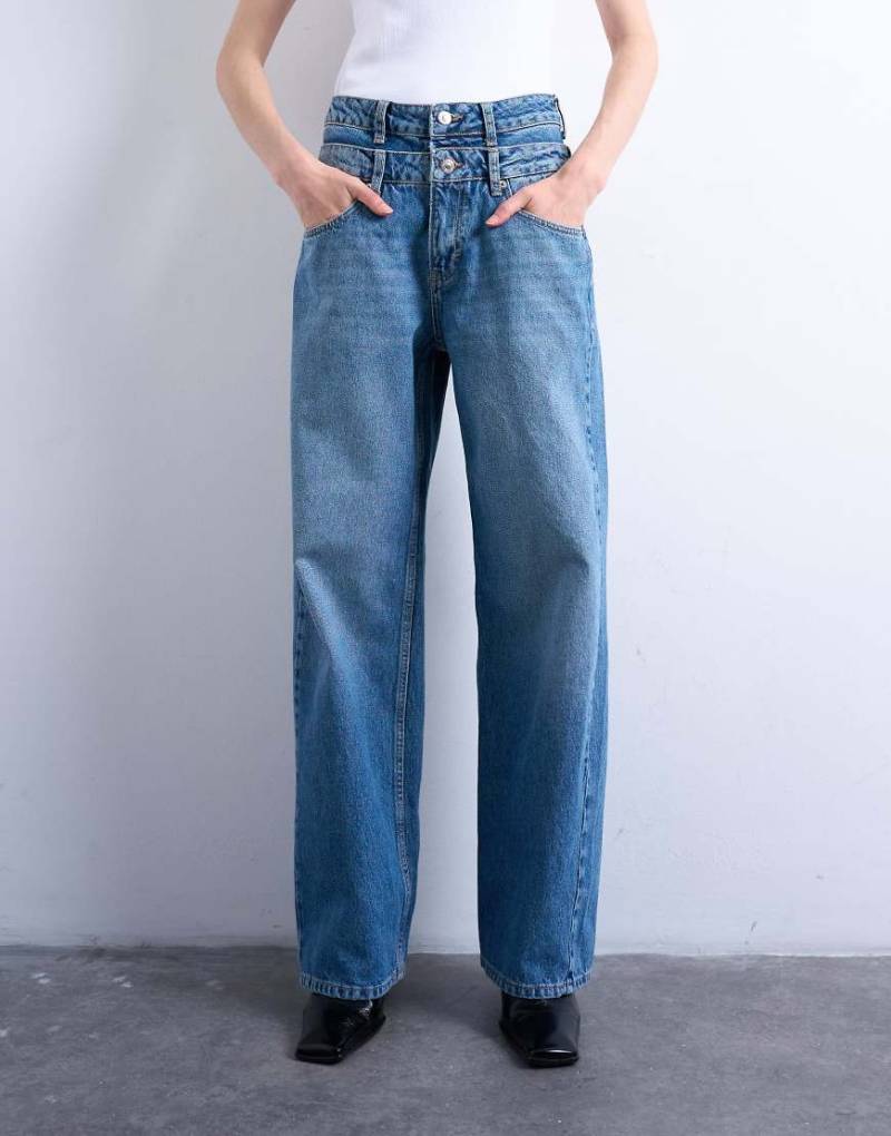 Topshop - Column - Jeans in Mittelblau mit doppeltem Taillenbund-Schwarz von Topshop